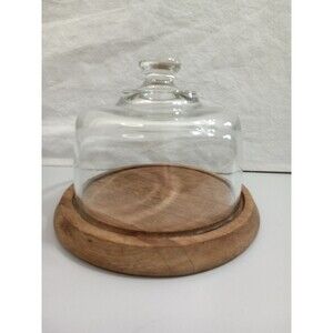 Vintage Teak Wood Cheese/Dessert Board Tray with Glass Dome Cloche Lid